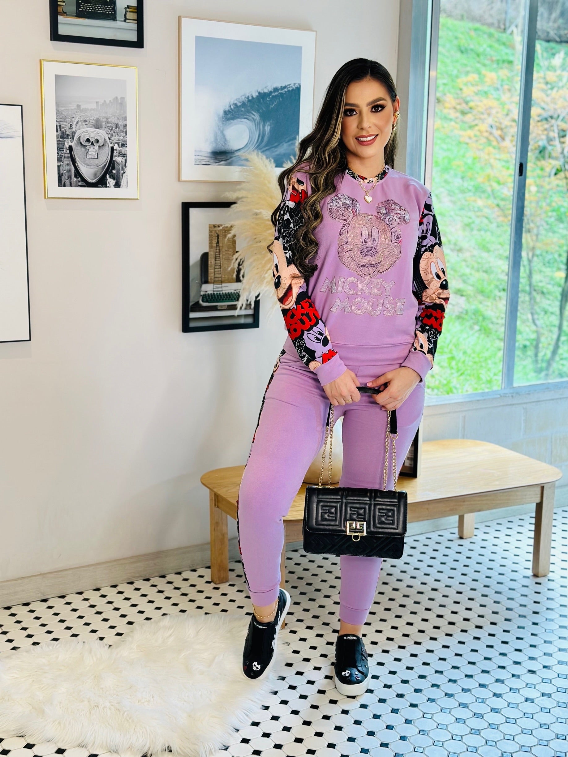 Conjunto Mickey Cara Aplique Lila