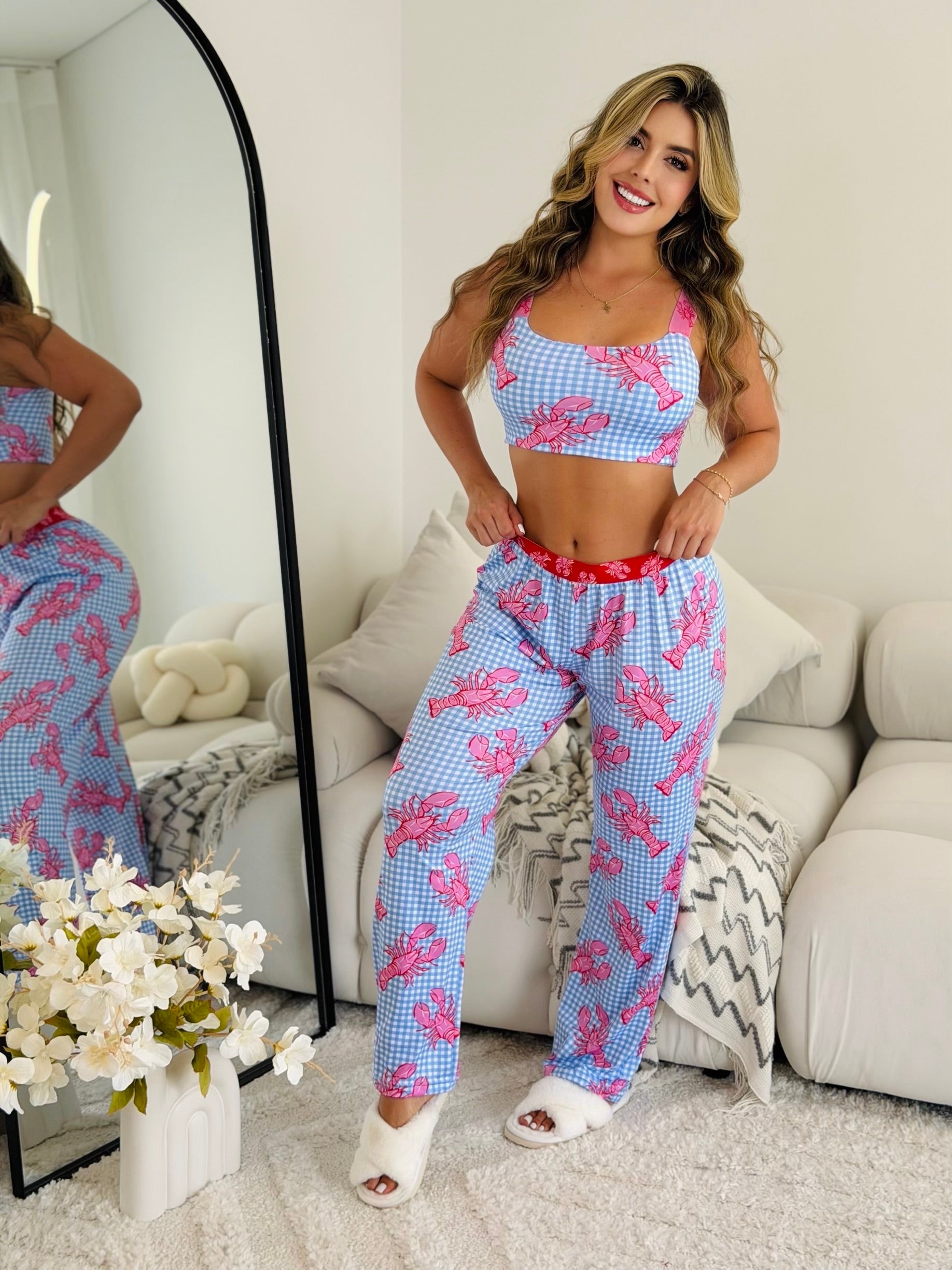Trio Pantalon Camiseta+ top Langosta Cuadros